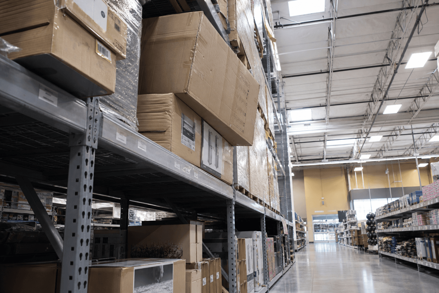 Heavy boxed merchandise overhanging a high retail shelf