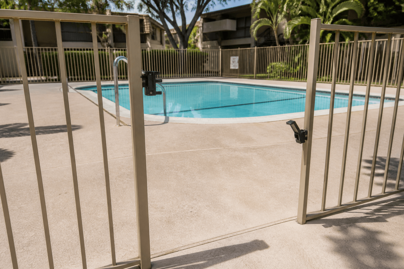 Apartment swimming pool with an open safety gate and faulty latch