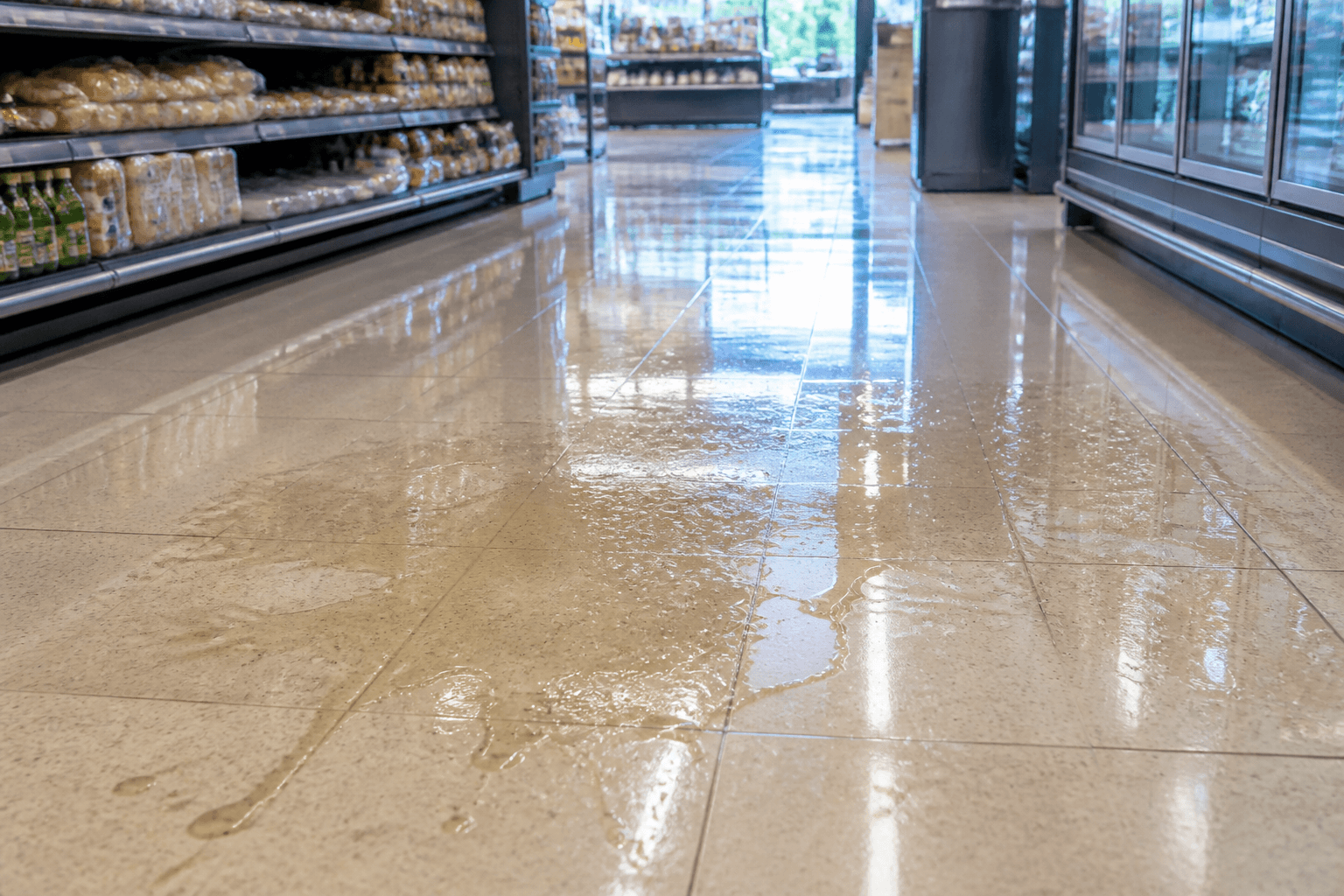 Unmarked liquid spill across a grocery store tile floor