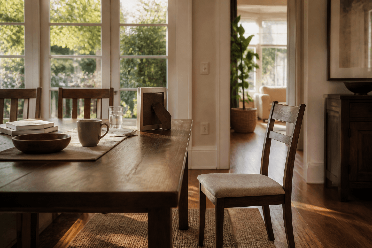 A quiet family dining room with one empty chair in warm afternoon light