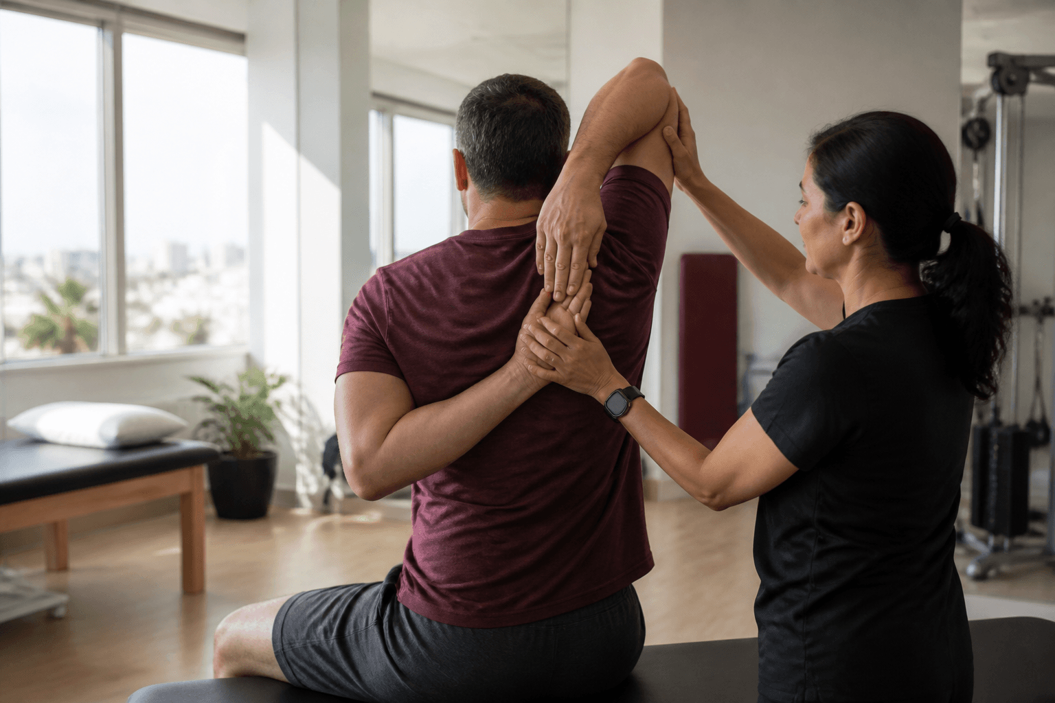 Patient working on shoulder mobility with a physical therapist