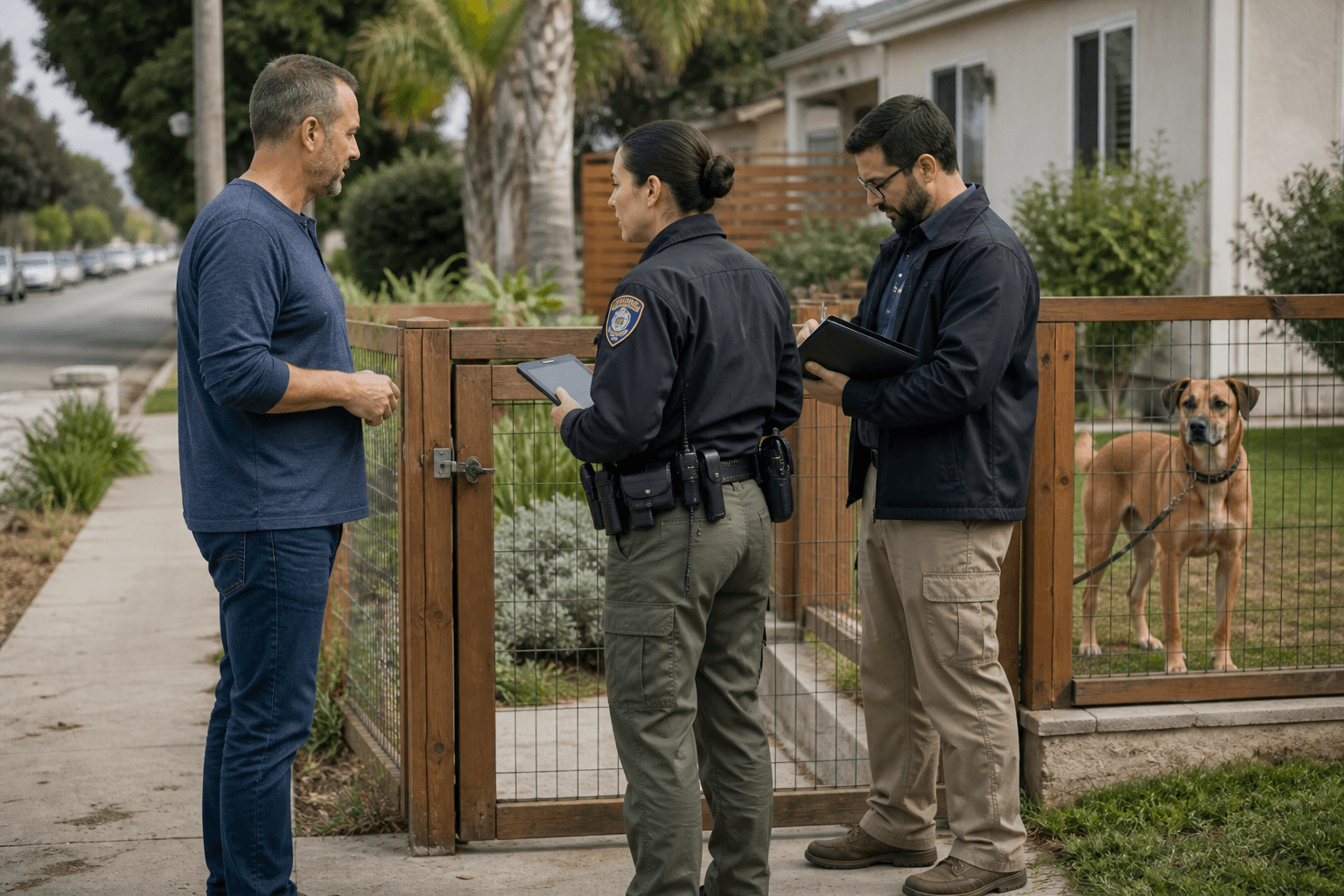 A property owner speaking with investigators as they document a residential gate while a dog remains safely contained