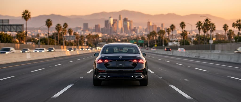 Car traveling on a Los Angeles freeway at sunset