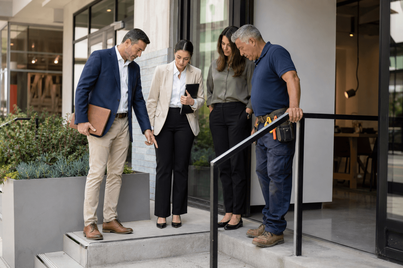 Property representatives and a maintenance contractor reviewing a shared entrance condition