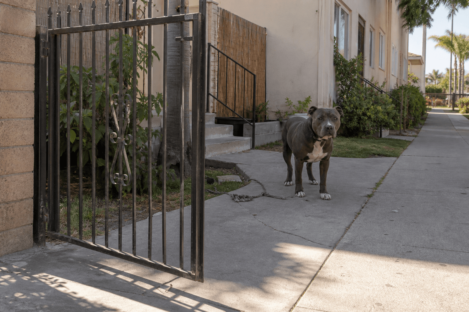 Dog beside an open residential gate