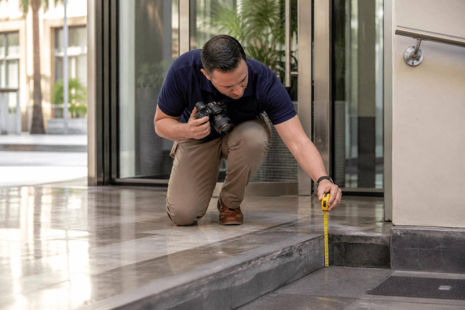 Property safety investigator documenting a hazardous commercial entrance