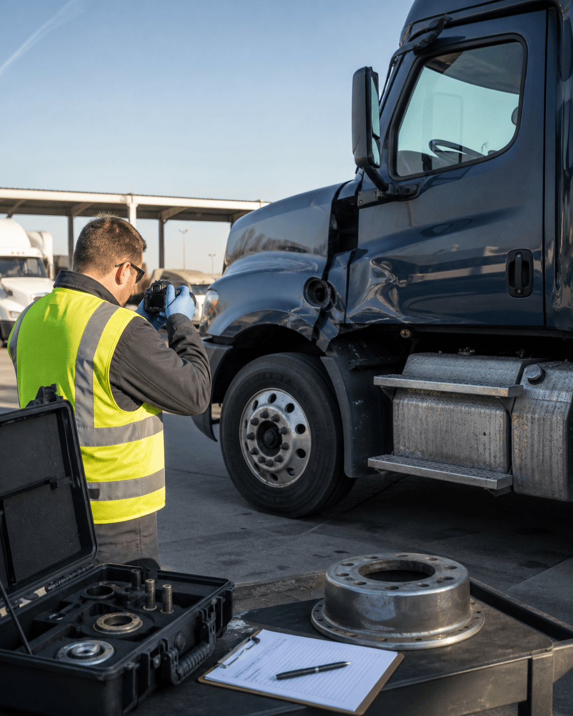 Investigator documenting evidence on a damaged commercial truck