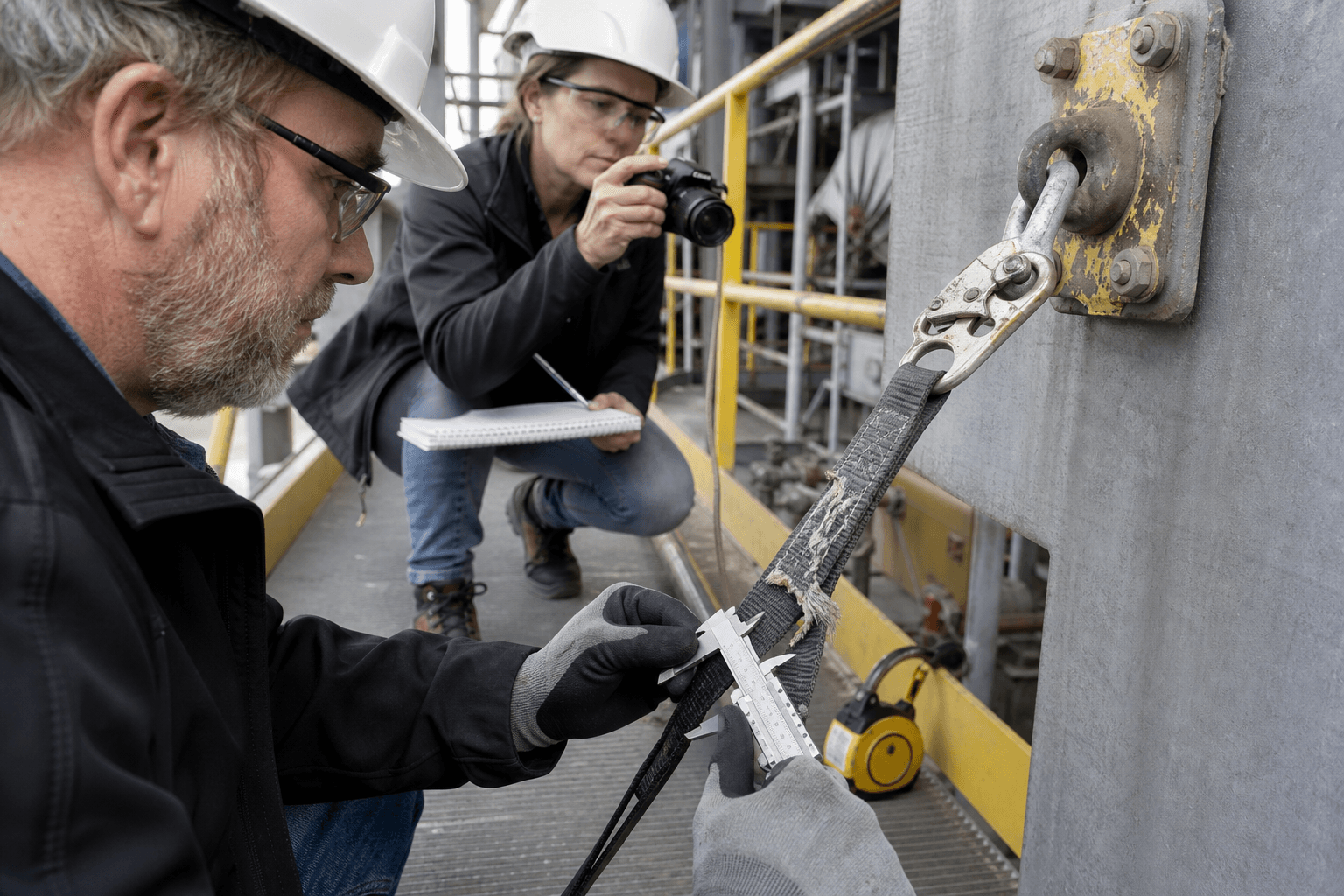 Safety experts documenting a failed fall-protection connection