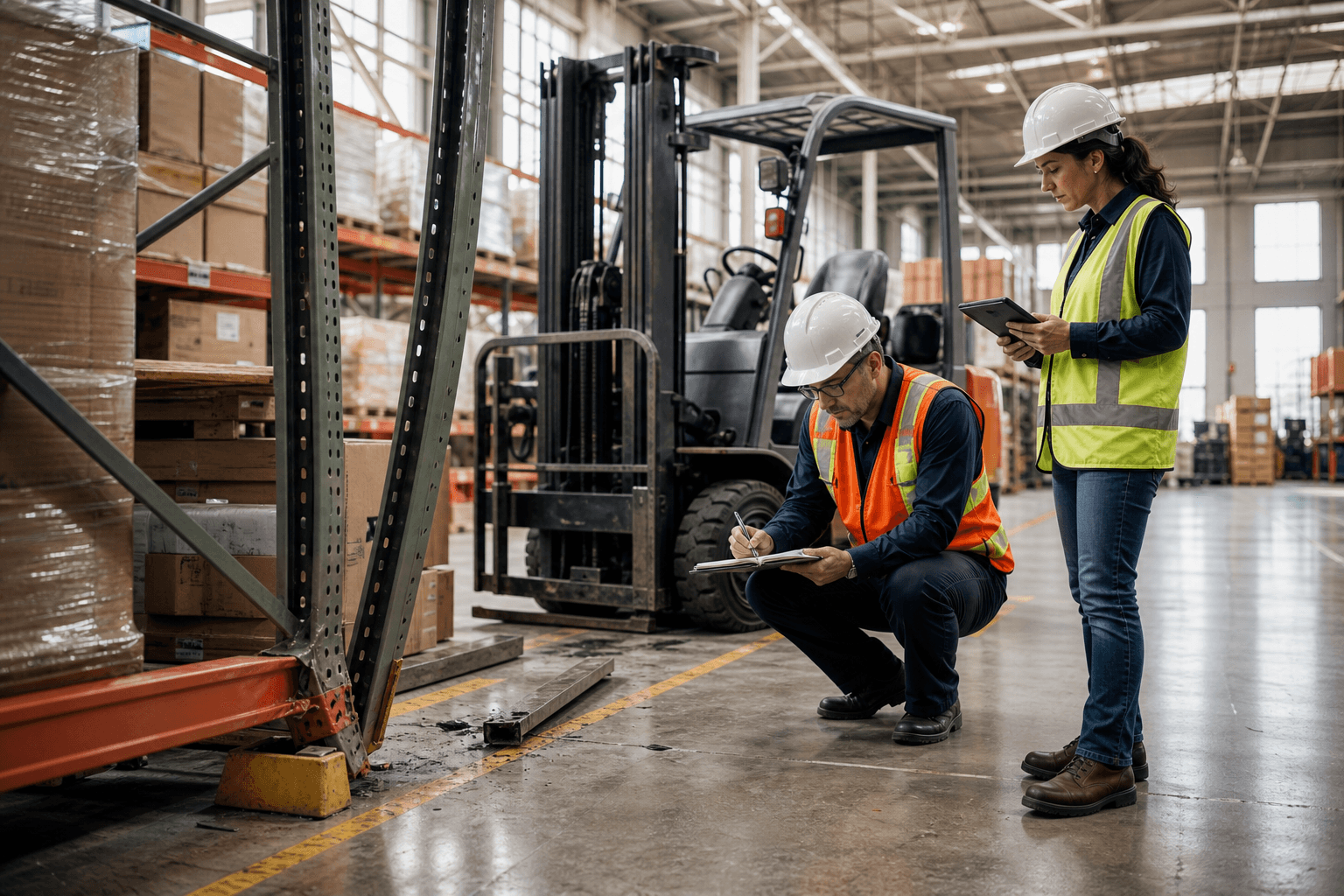 Safety investigators documenting a forklift and damaged warehouse rack