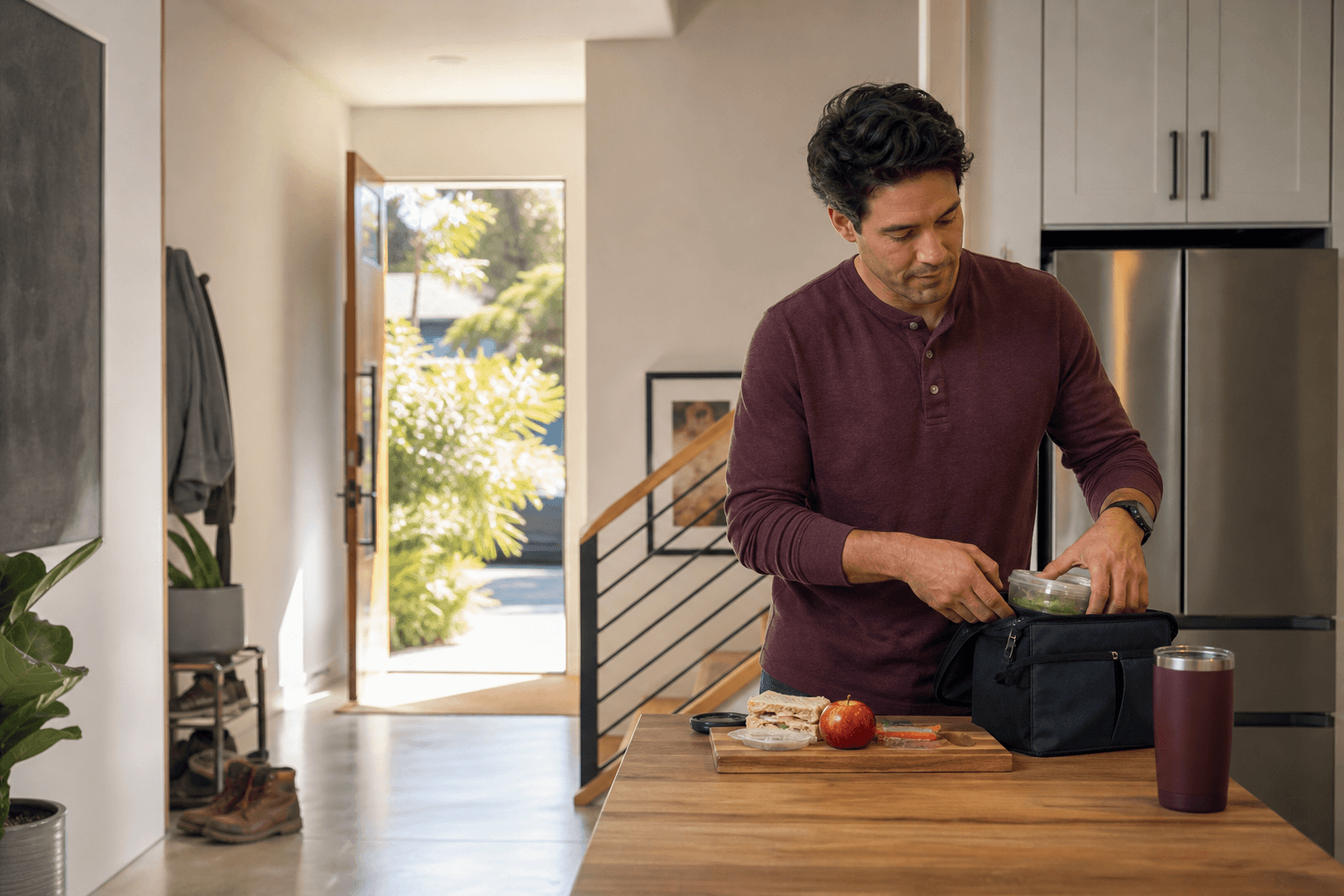 A worker independently preparing for an ordinary workday at home