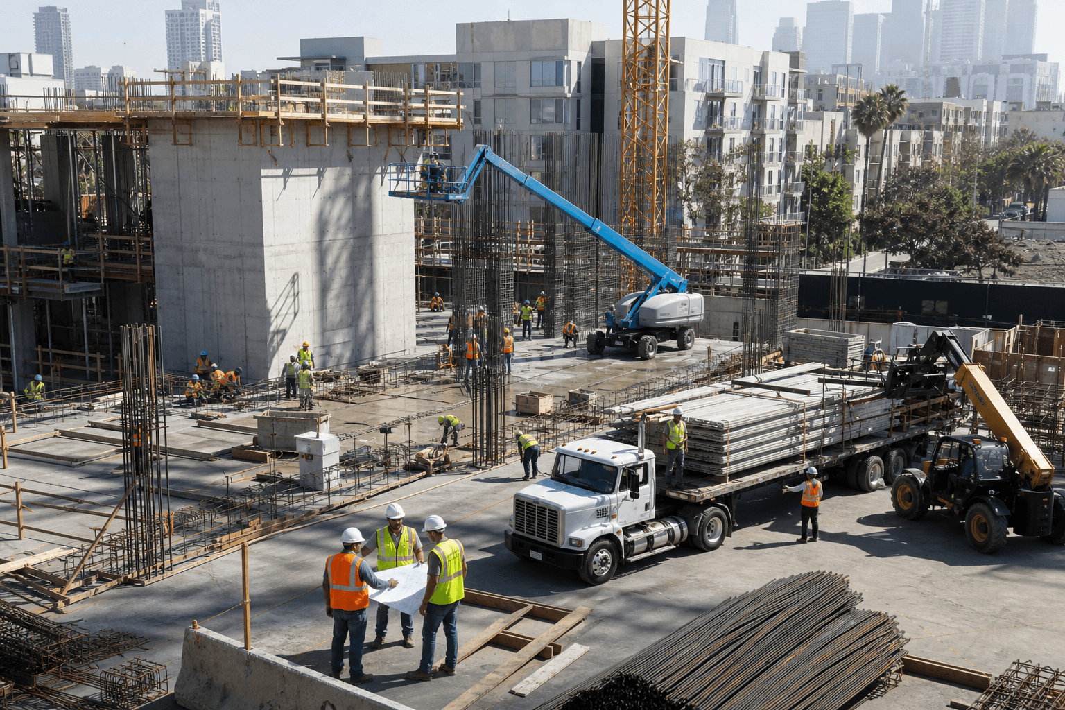 Multiple contractors, equipment operators, and delivery crews sharing a Los Angeles construction site