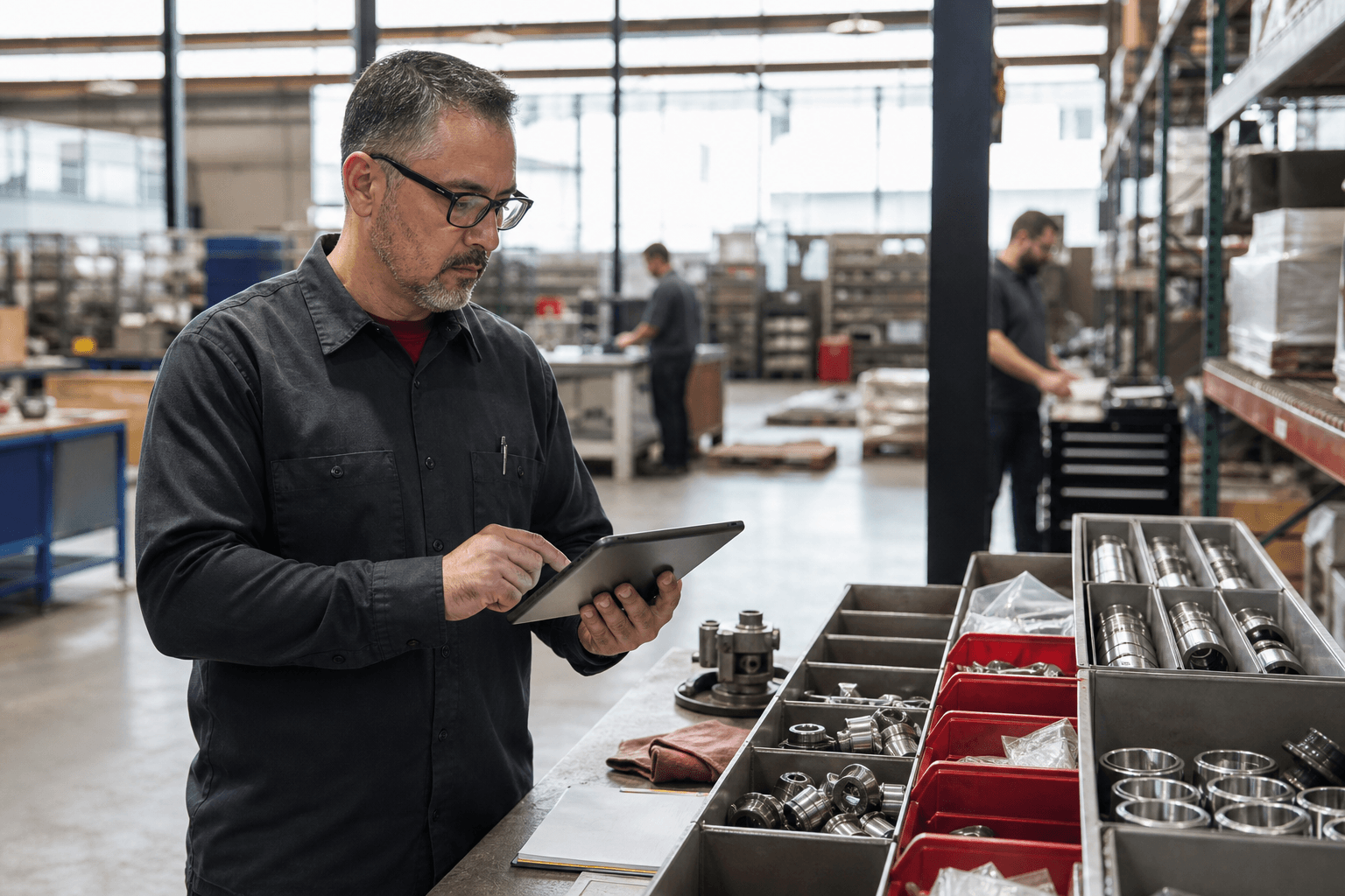 An experienced worker performing a safe quality-control inspection